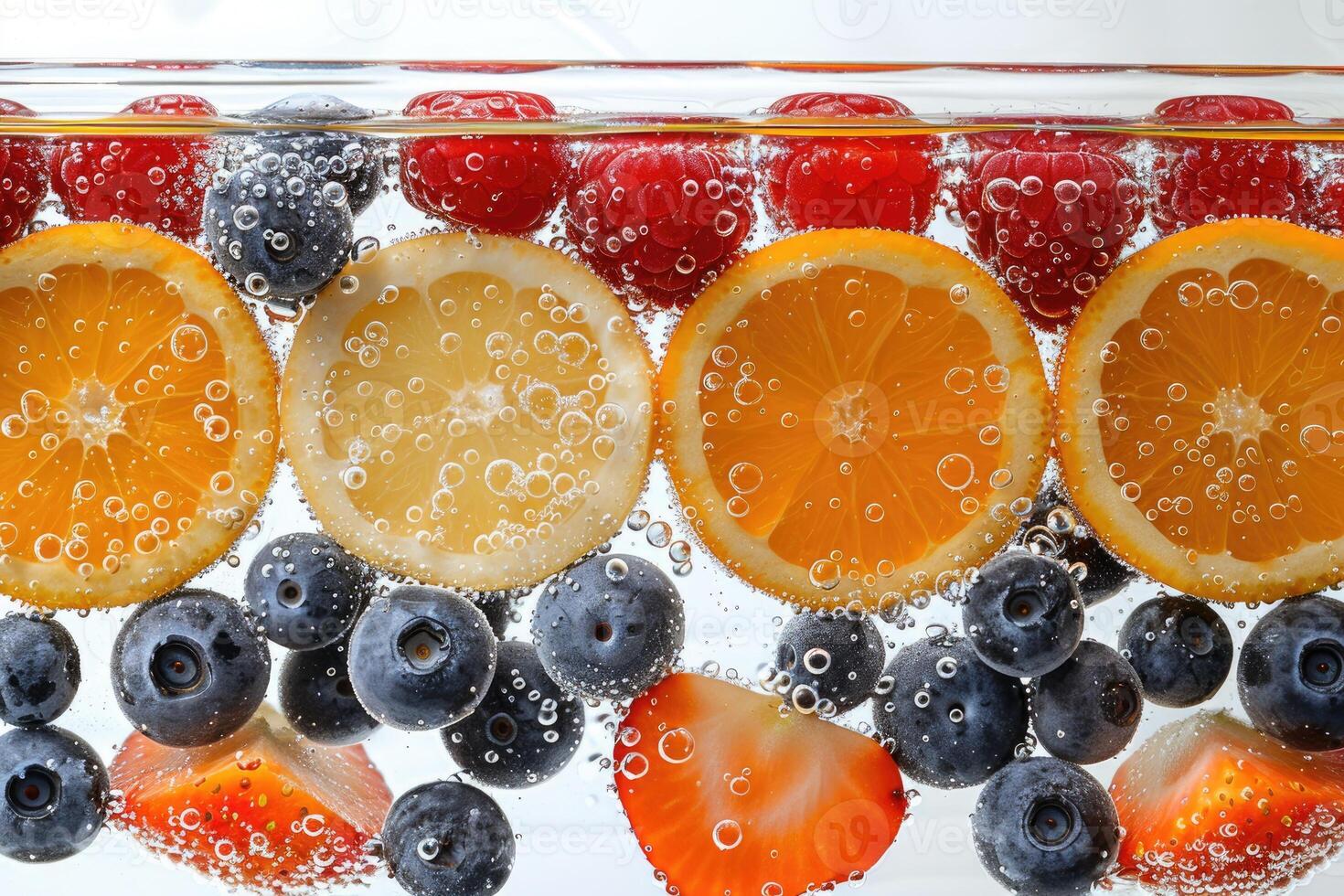 Sliced Citrus Fruits, Berries, and a Strawberry Submerged in Sparkling Water photo