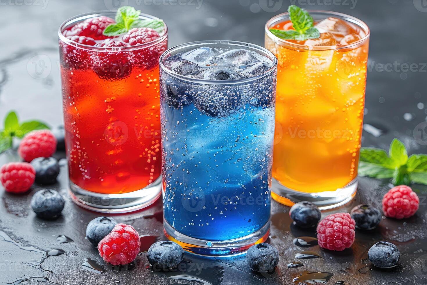 Three Glasses of Cold Refreshing Drinks with Raspberries and Blueberries photo
