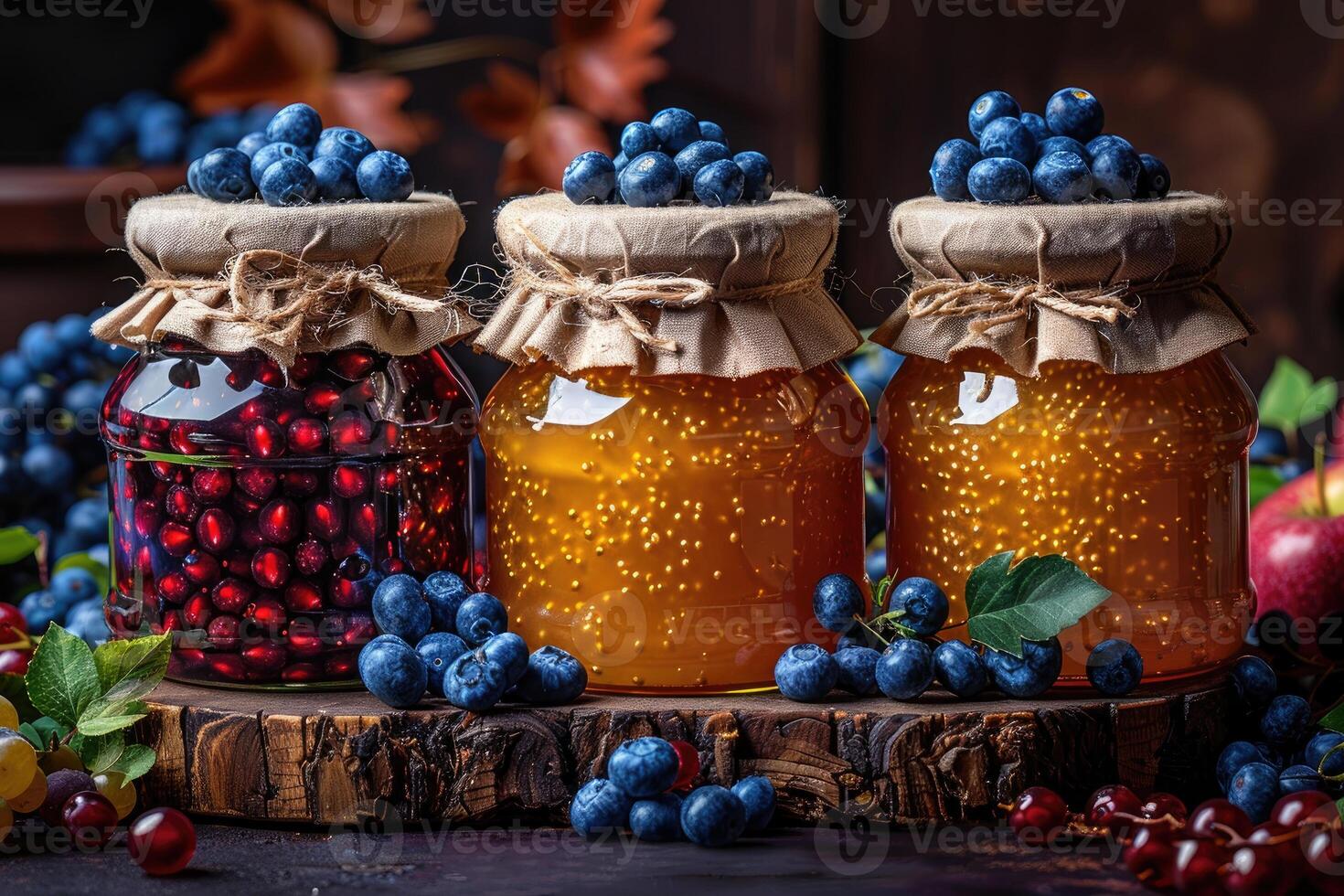 Three Jars of Homemade Berry Jam with Fresh Berries photo