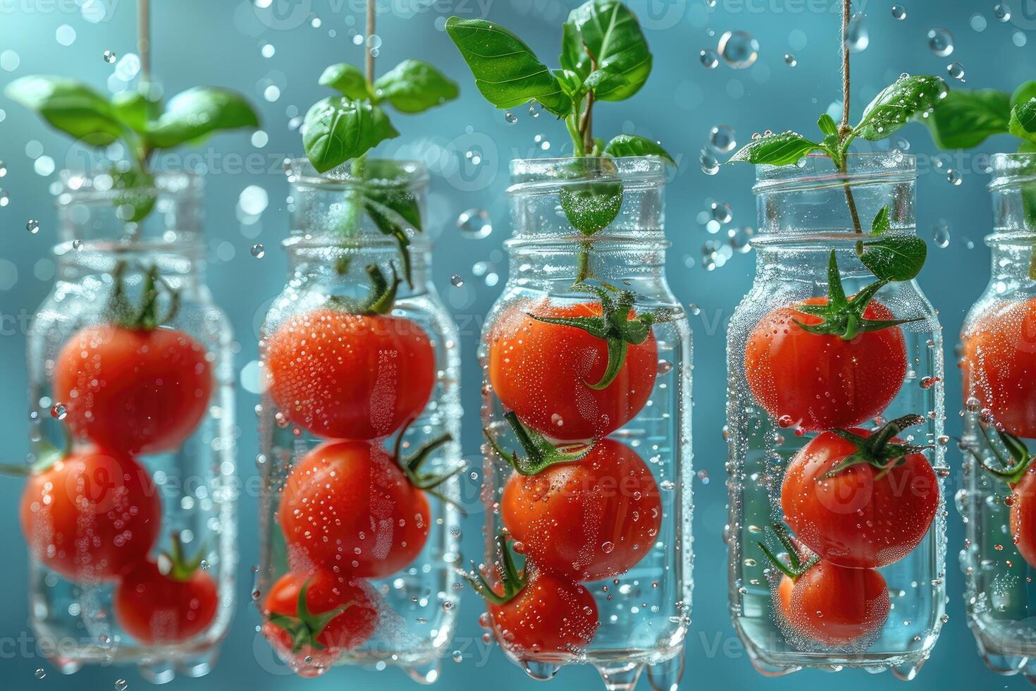 Tomatoes and Basil Suspended in Water-Filled Glass Bottles photo