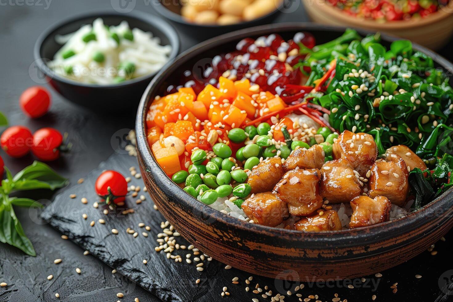 A Bowl of Asian-Inspired Food with Rice, Vegetables, and Toppings photo