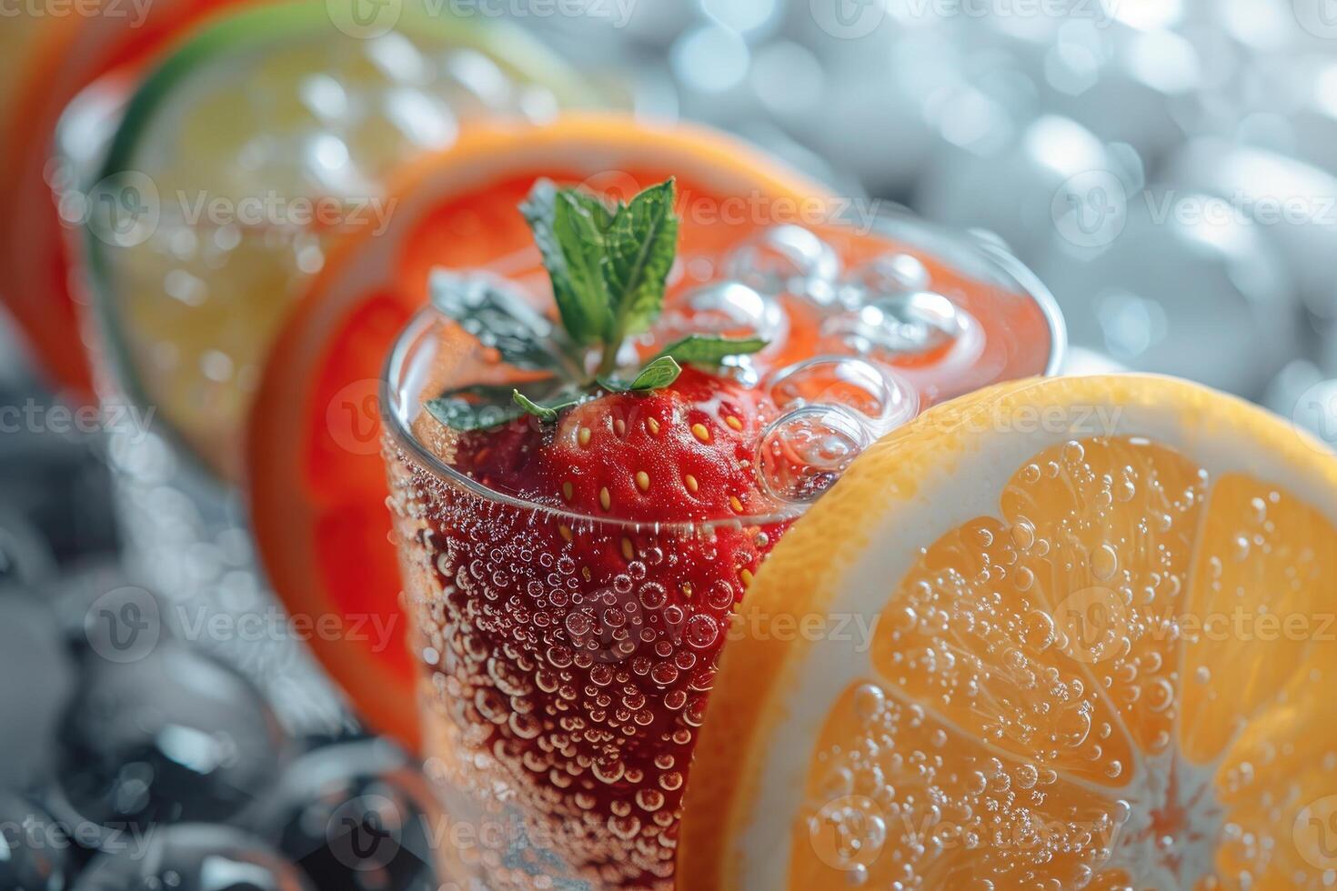 A Close-Up of a Strawberry, Orange, and Lemon in a Glass with Bubbles photo