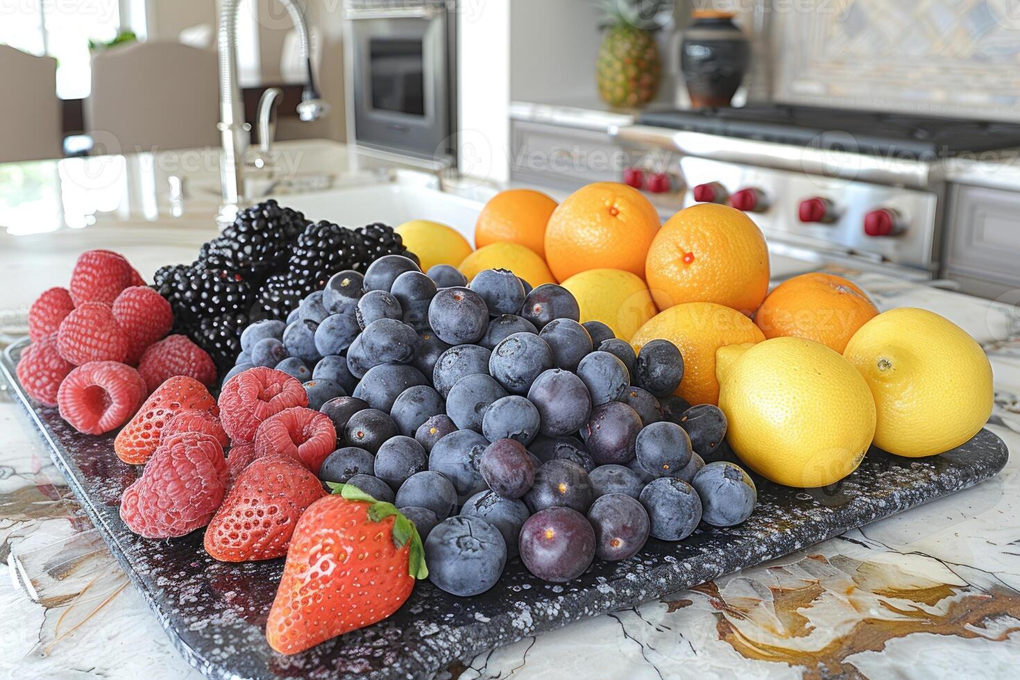 A Colorful Arrangement of Fruits on a Black Slate Serving Tray photo