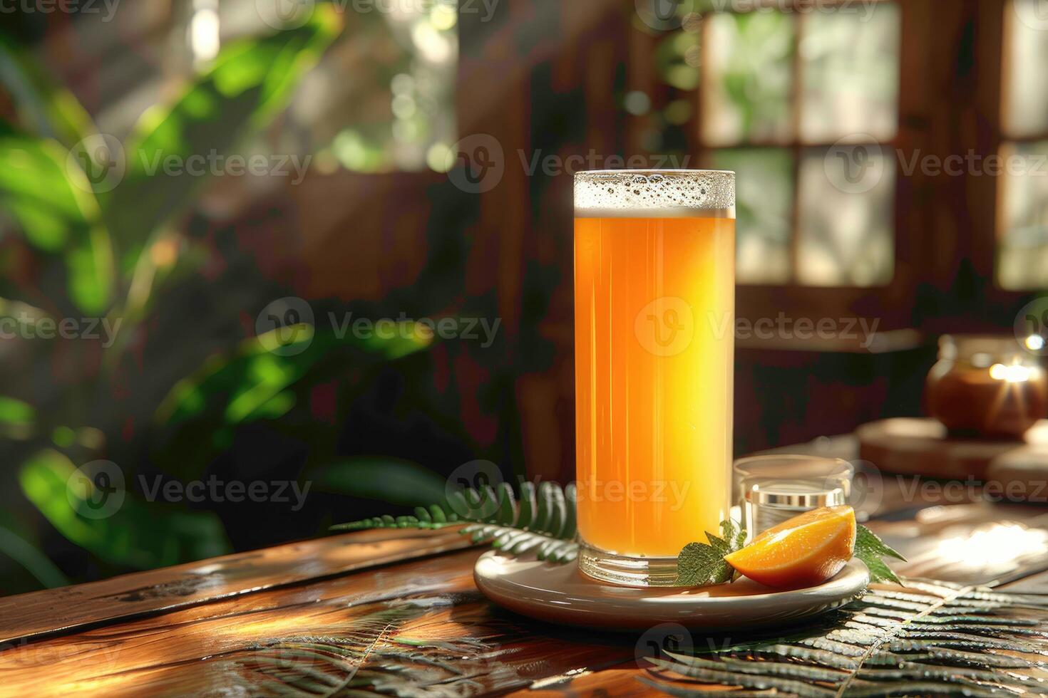 A Glass of Orange Juice with a Slice of Orange and Greenery photo