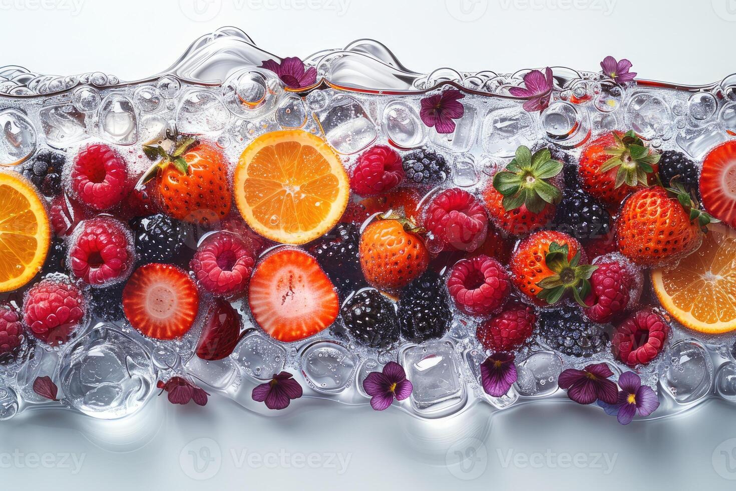 A Row of Fresh Fruit and Flowers Floating in Ice Water photo