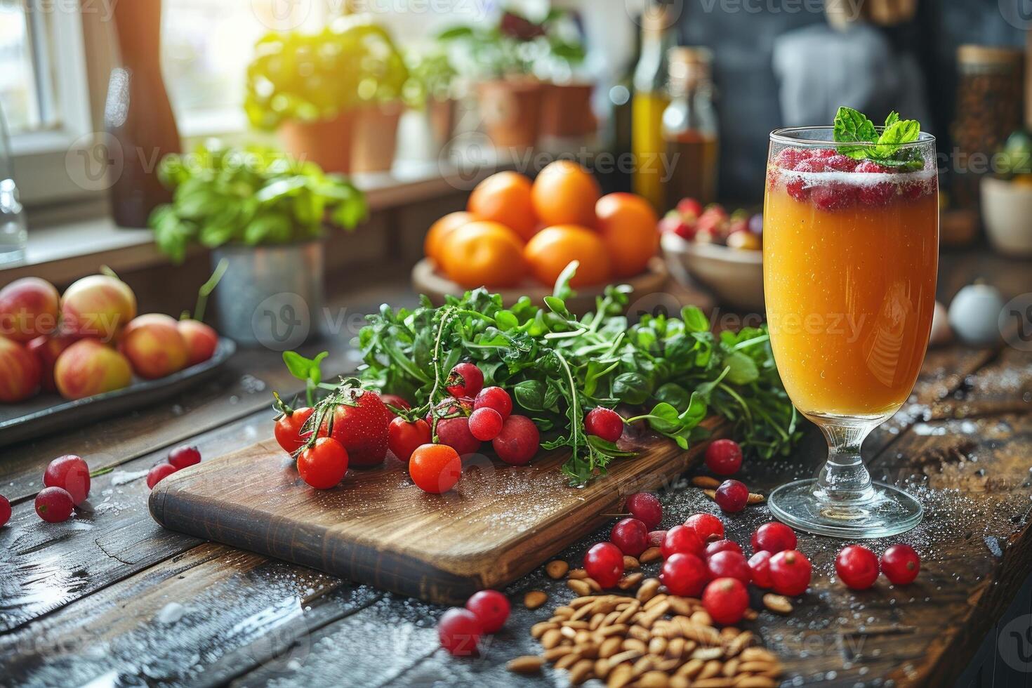 A Refreshing Summer Drink with Berries, Mint, and a Wooden Table Setting photo