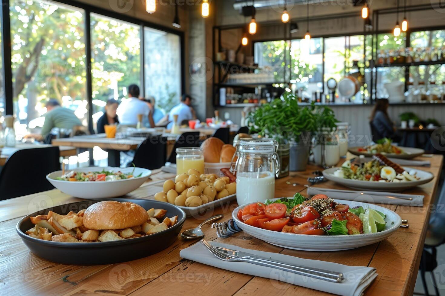 A table setting in a cafe with a variety of salads and a burger photo