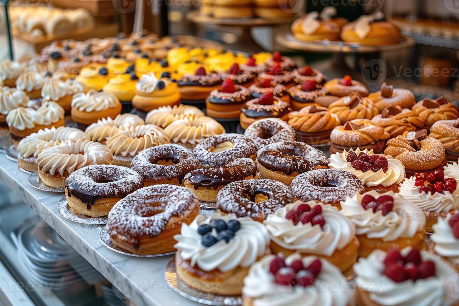 An Assortment of Delicious Doughnuts and Pastries on Display in a Bakery photo