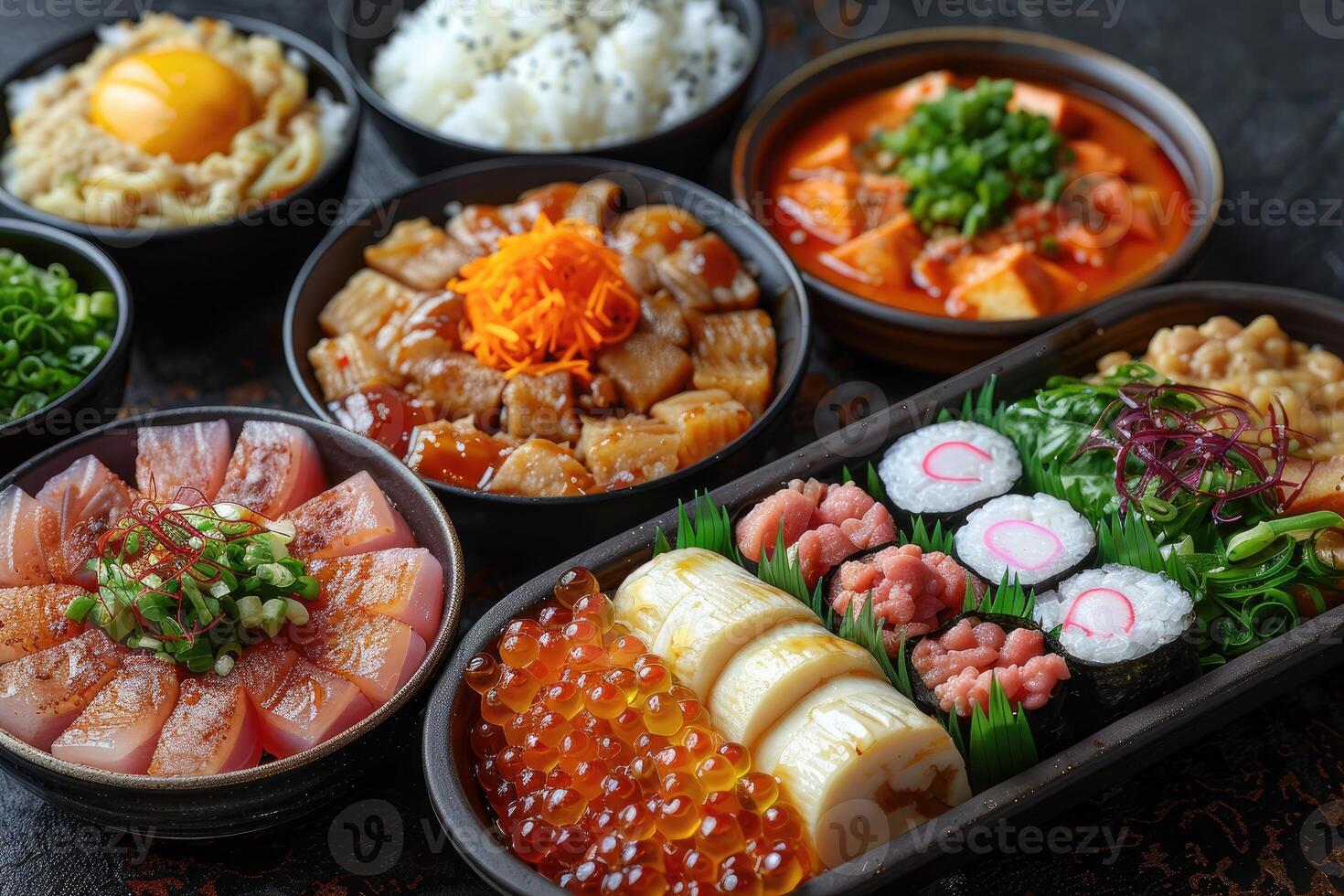 Assorted Japanese Dishes in Black Bowls and a Bento Box photo