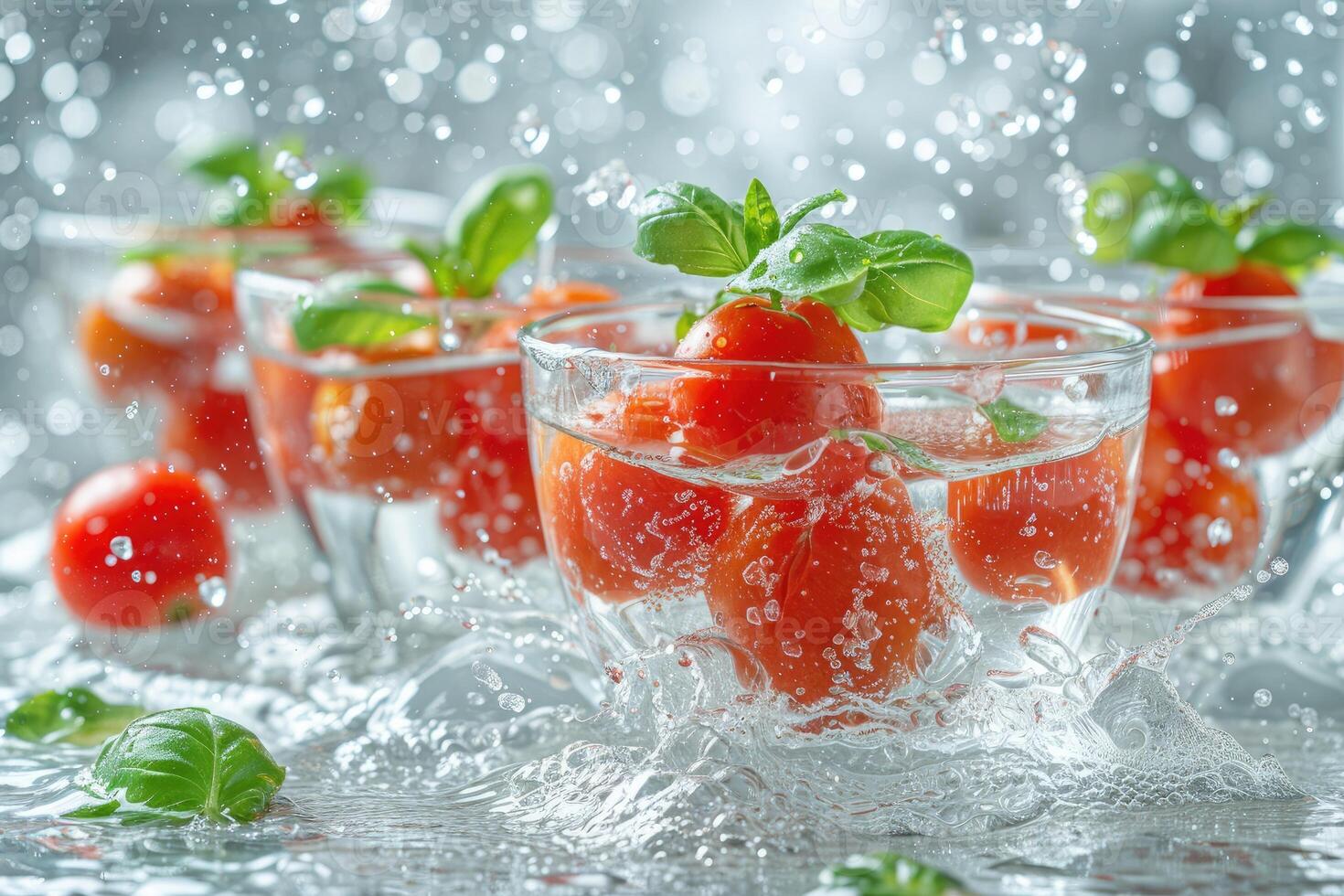 Cherry Tomatoes and Basil in Water with Splashing photo