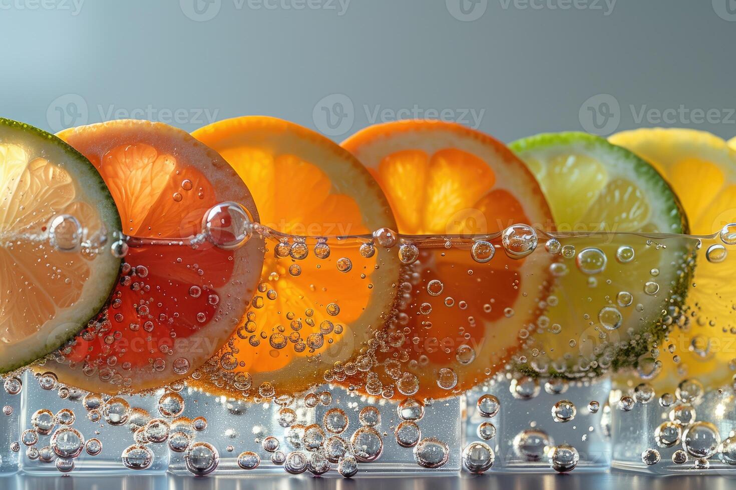 Citrus Fruit Slices in Sparkling Water with Bubbles photo