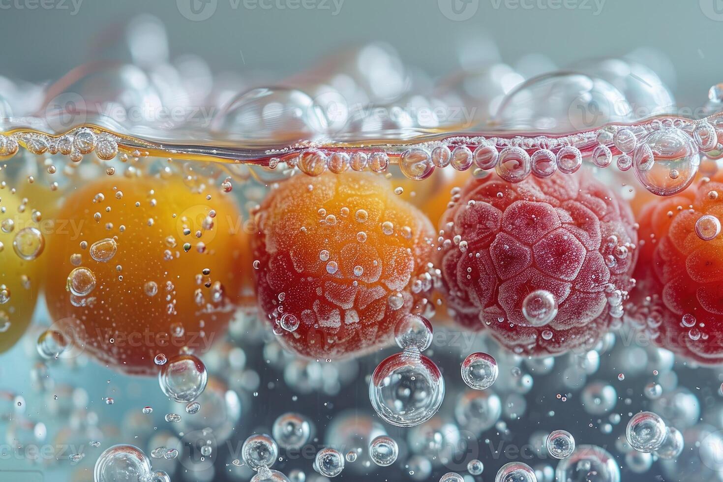 Close-up of Berries Submerged in Sparkling Water with Bubbles photo