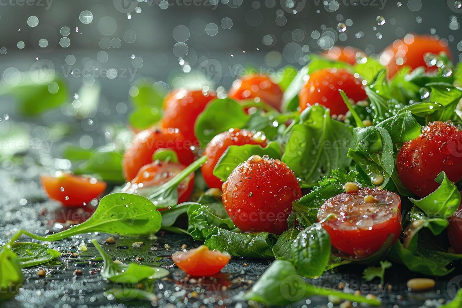Close-up of Cherry Tomatoes and Spinach with Water Droplets photo