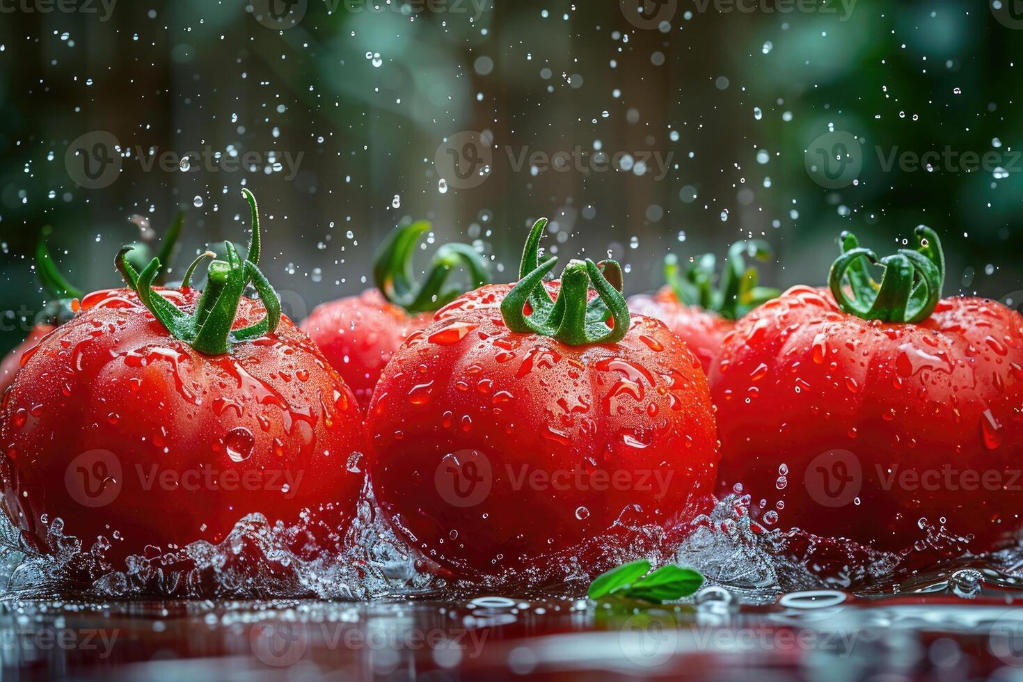 Close-up of Fresh Red Tomatoes with Water Droplets and Splashing Water photo