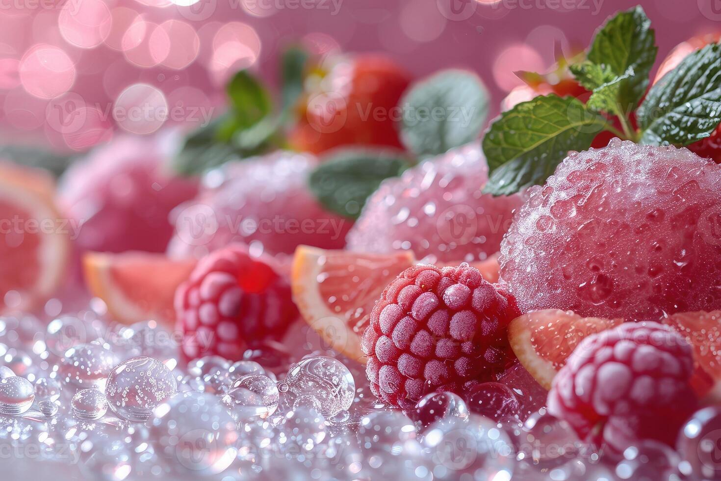 Close-up of Fresh Raspberries, Grapefruit, Mint, and Ice photo