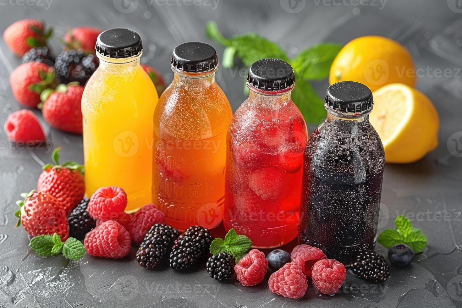 Four Glass Bottles of Flavored Beverages with Berries and a Lemon photo
