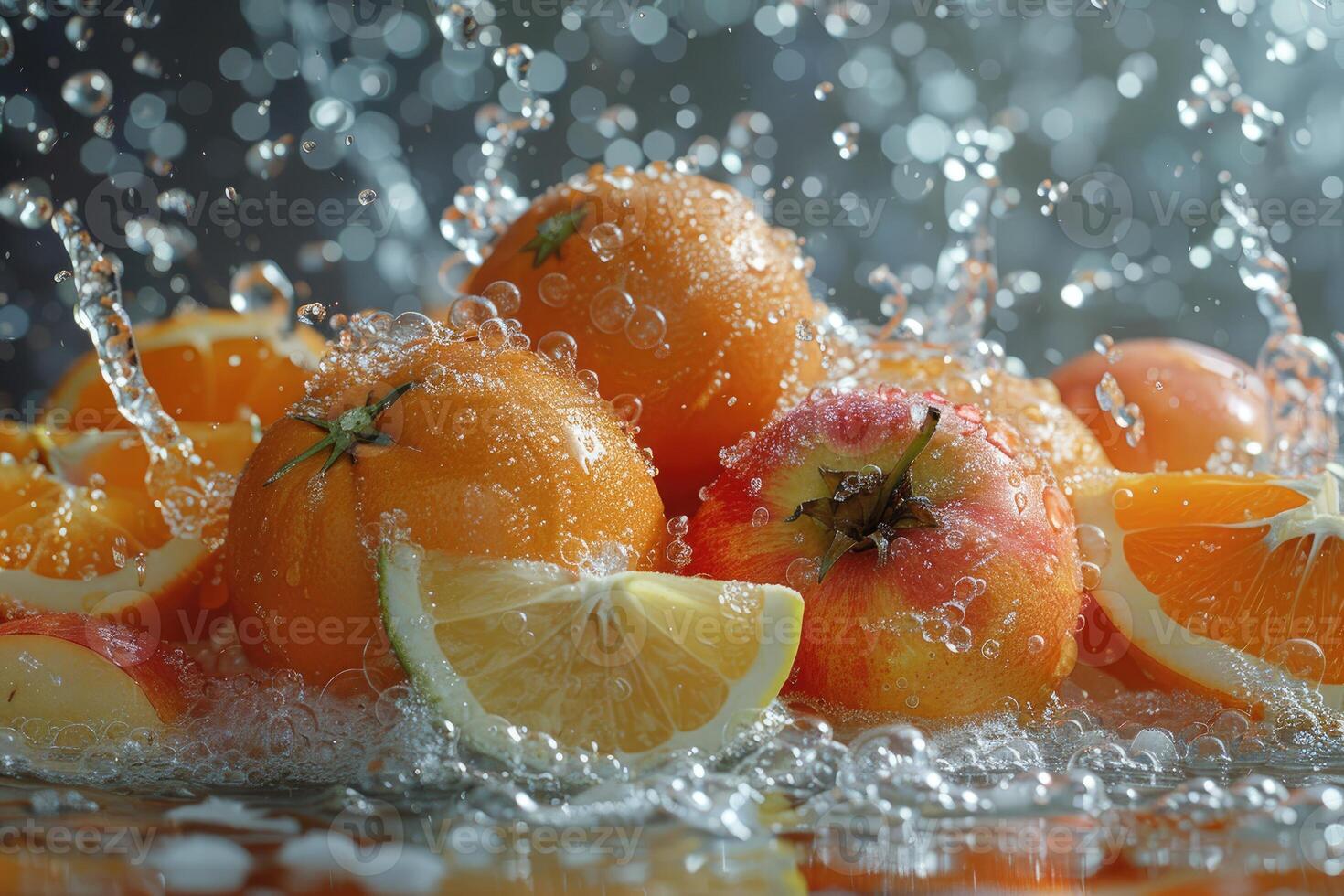 Fresh Citrus Fruits and Apple Splashed with Water photo