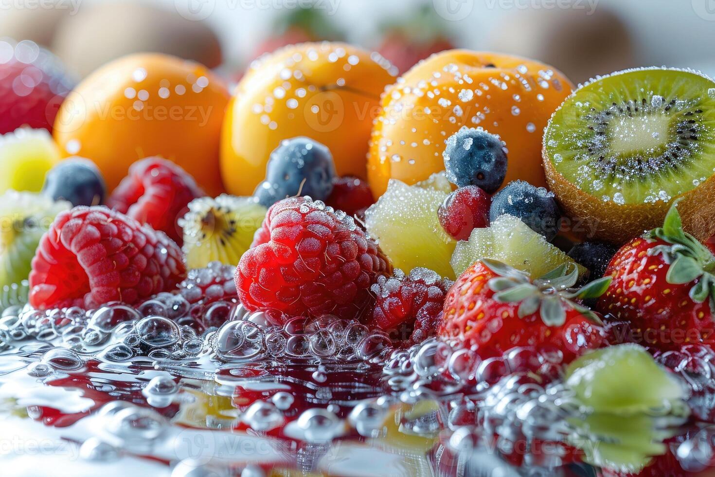 Fresh Fruits and Berries with Water Droplets and Bubbles photo