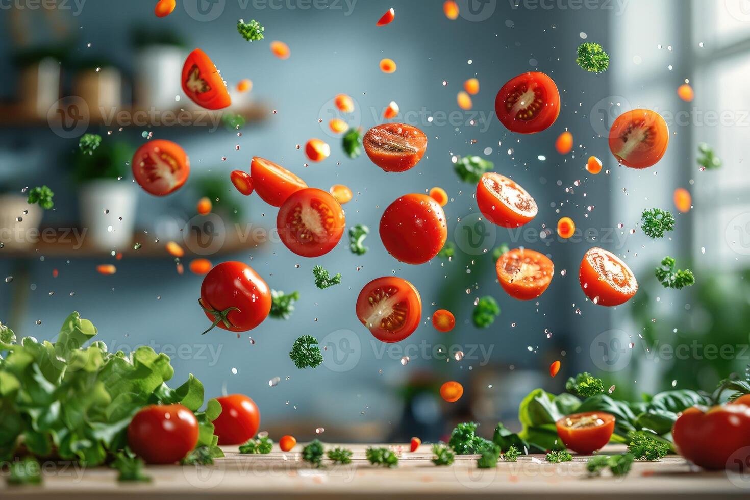 Fresh Tomatoes and Parsley Falling on a Wooden Surface photo