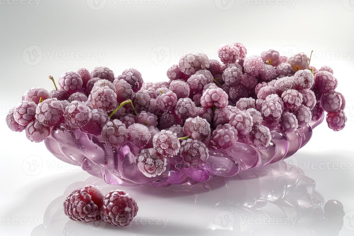 Frozen Raspberries in a Purple Glass Bowl photo