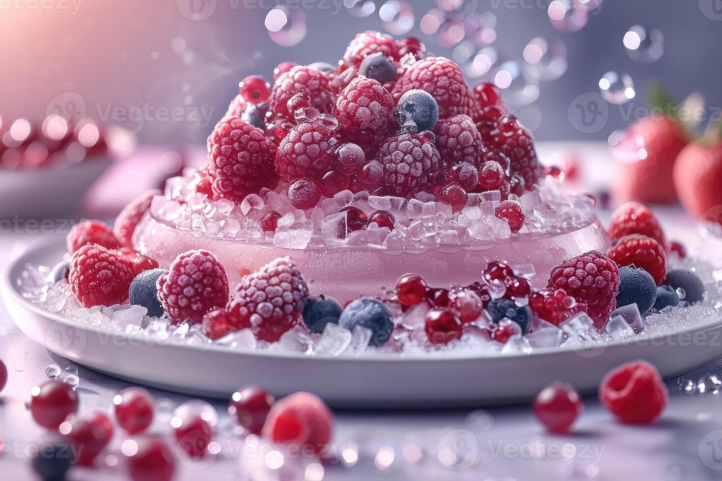 Frozen raspberries, blueberries, and red currants in ice photo