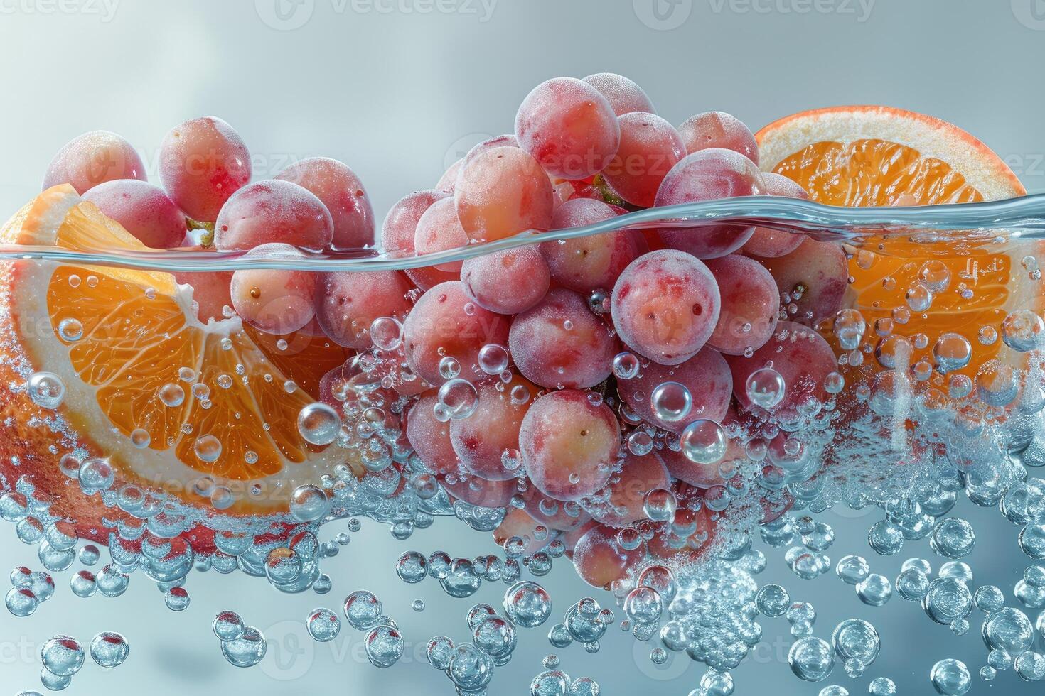 Grapes and Orange Slices Submerged in Water with Bubbles photo