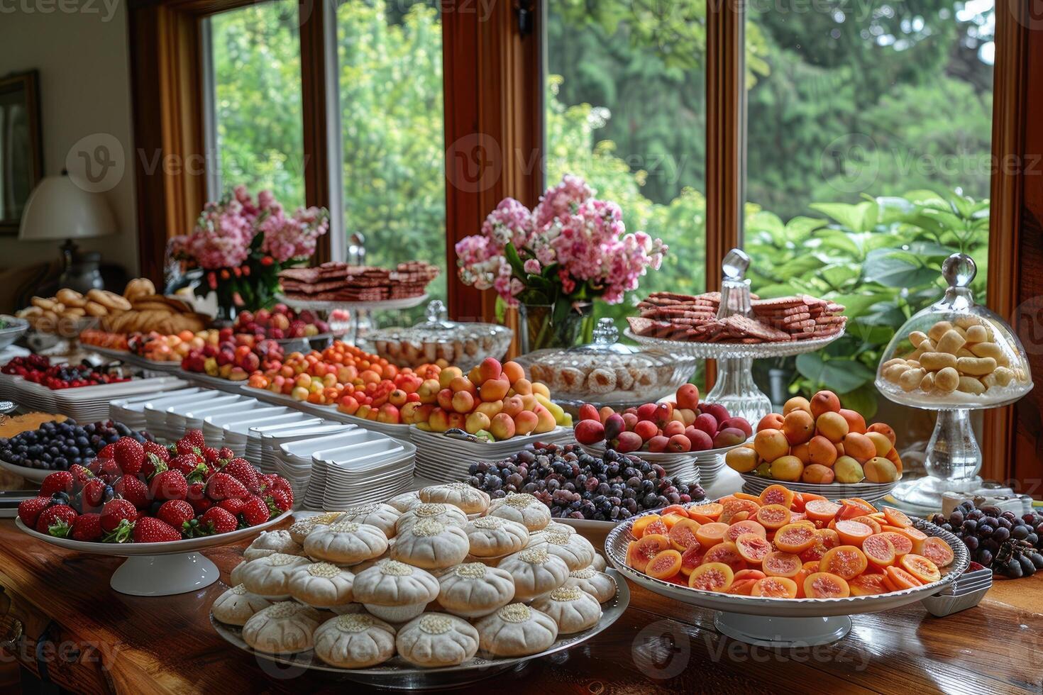 A Table Spread With Assorted Fruits, Pastries, And Bread photo