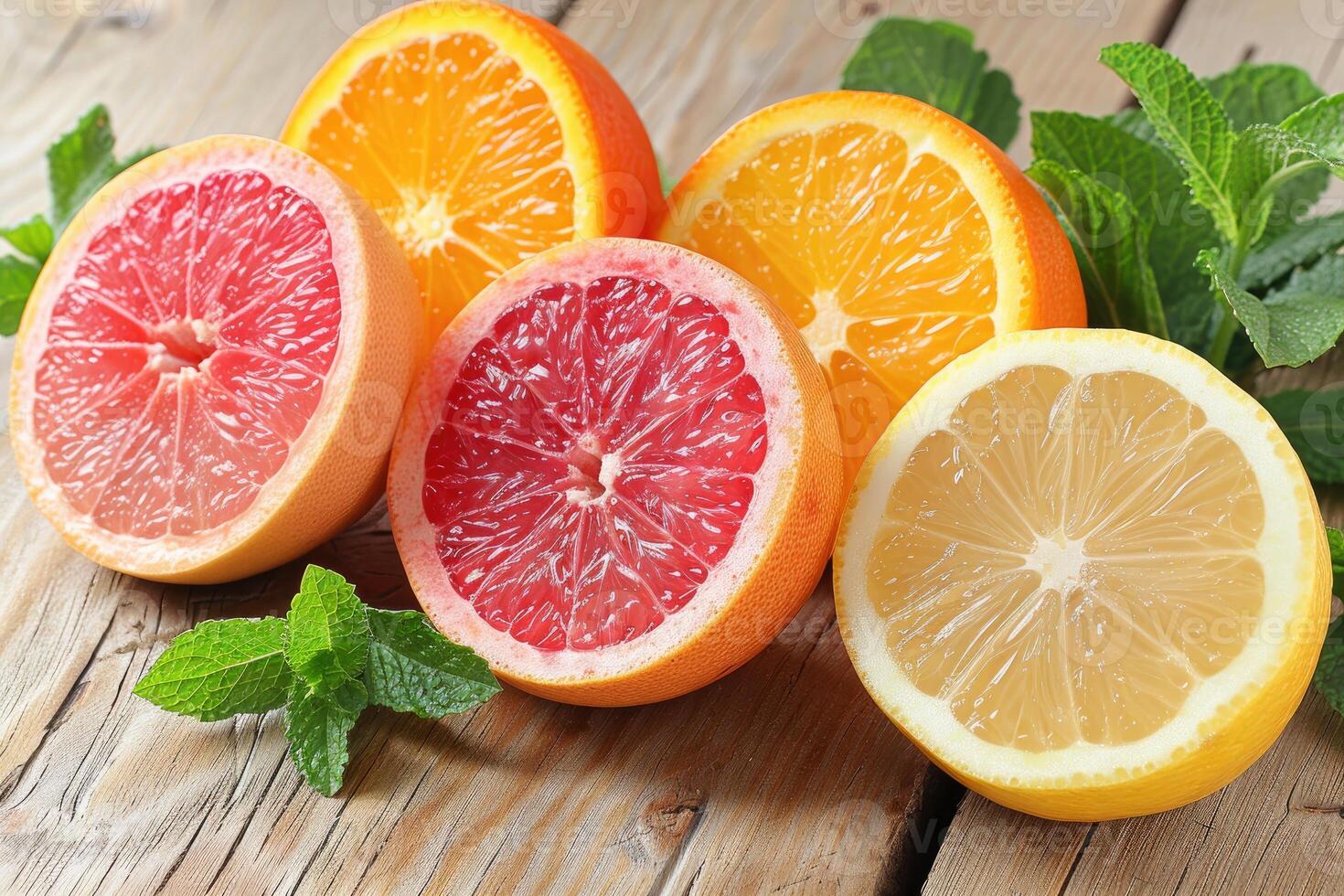 Citrus Fruit Halves with Mint on Wooden Background photo