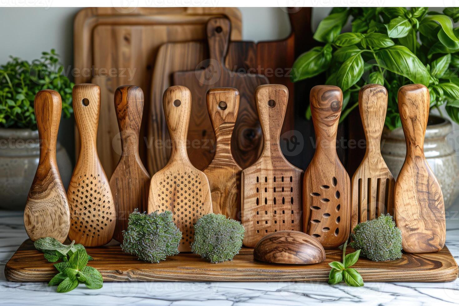 Collection of Wooden Utensils with Intricate Carvings photo