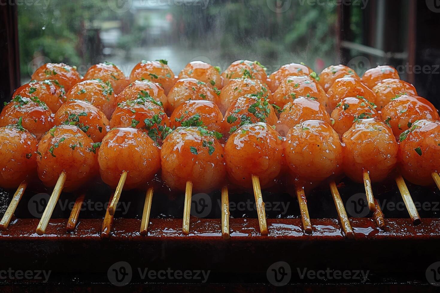 Glazed Meatballs on Skewers with Greenery photo