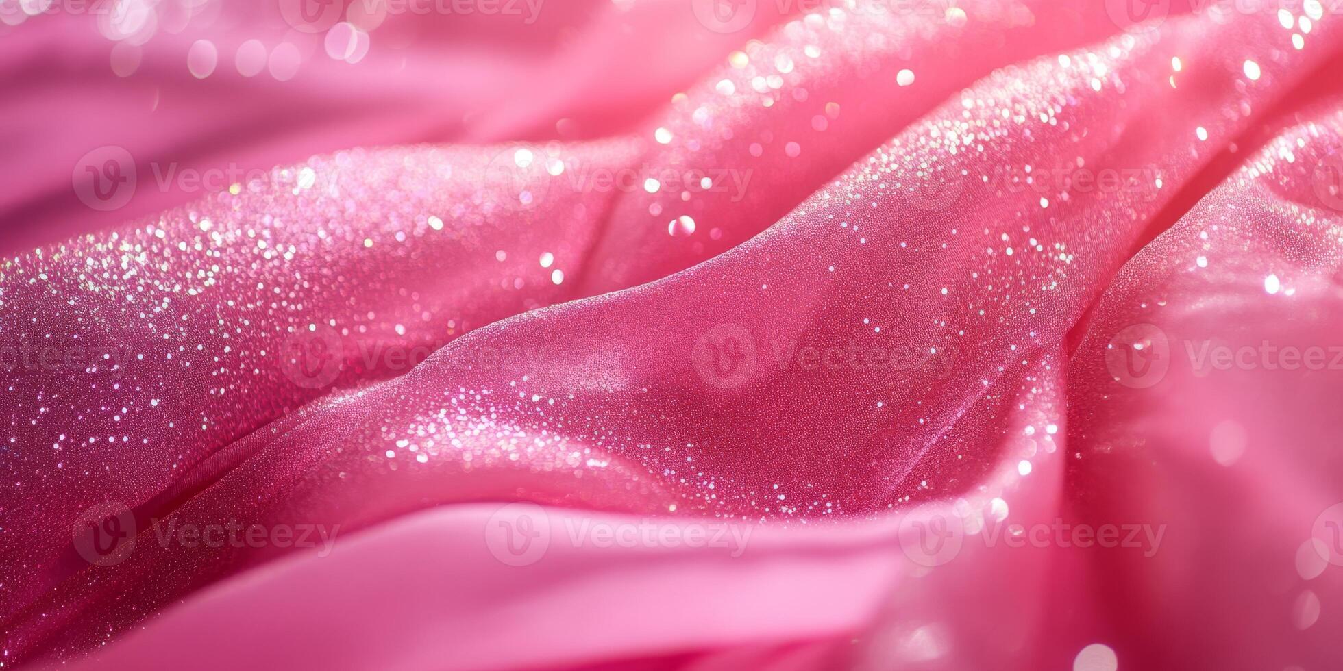 A closeup view of luxurious pink silk fabric richly adorned with shimmering sparkles and vibrant delights photo