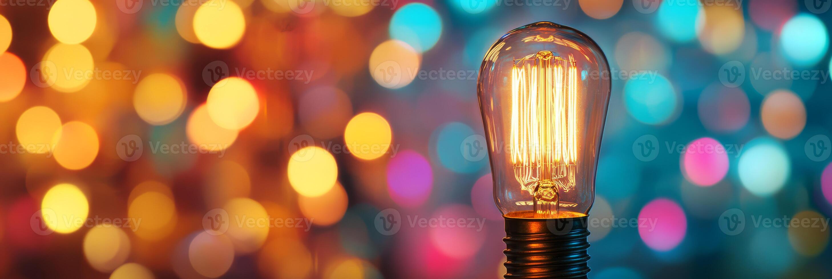 This image showcases a closeup of a glowing Edison bulb against a vibrant bokeh background, emitting warm light that creates an enchanting atmosphere with colorful blurred lights photo