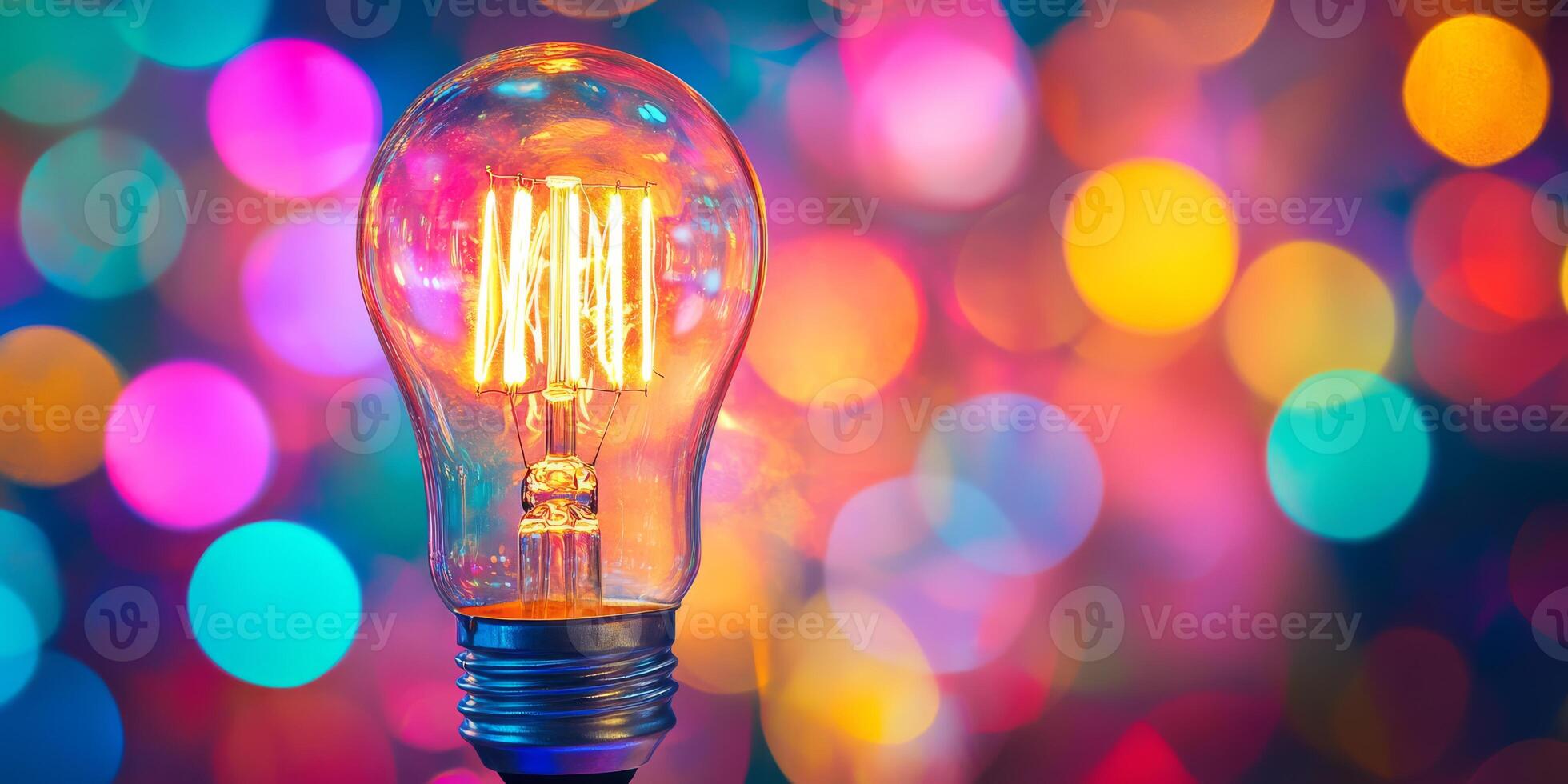 This closeup image features a beautifully glowing Edison bulb that is set against a vibrant and colorful bokeh background, which showcases an artistic blend of light and design elements photo