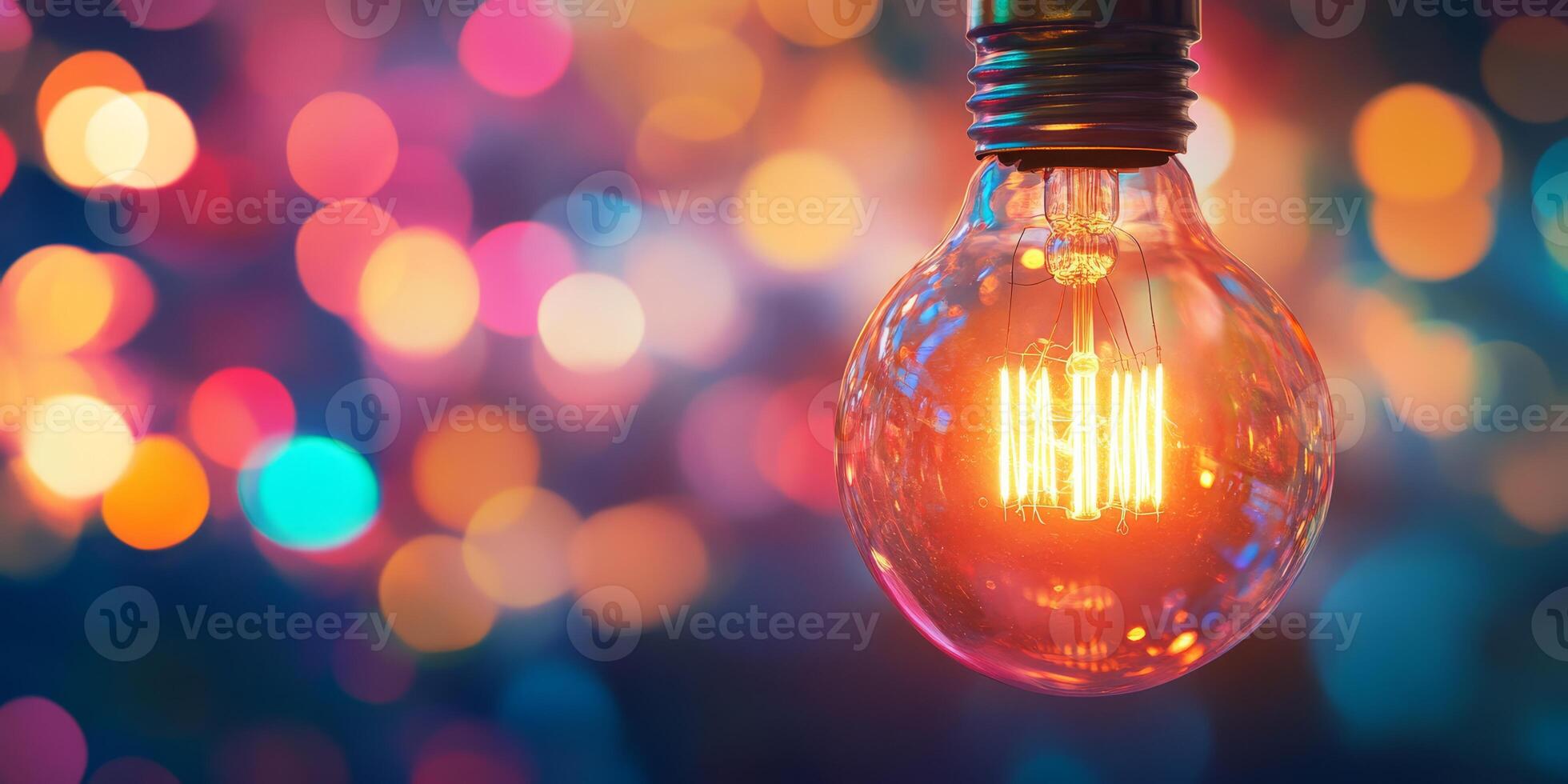 This image shows a glowing Edison light bulb against a colorful bokeh background. Its warm light creates a cozy and inviting atmosphere, enhanced by the artistic blur for a visually striking effect photo