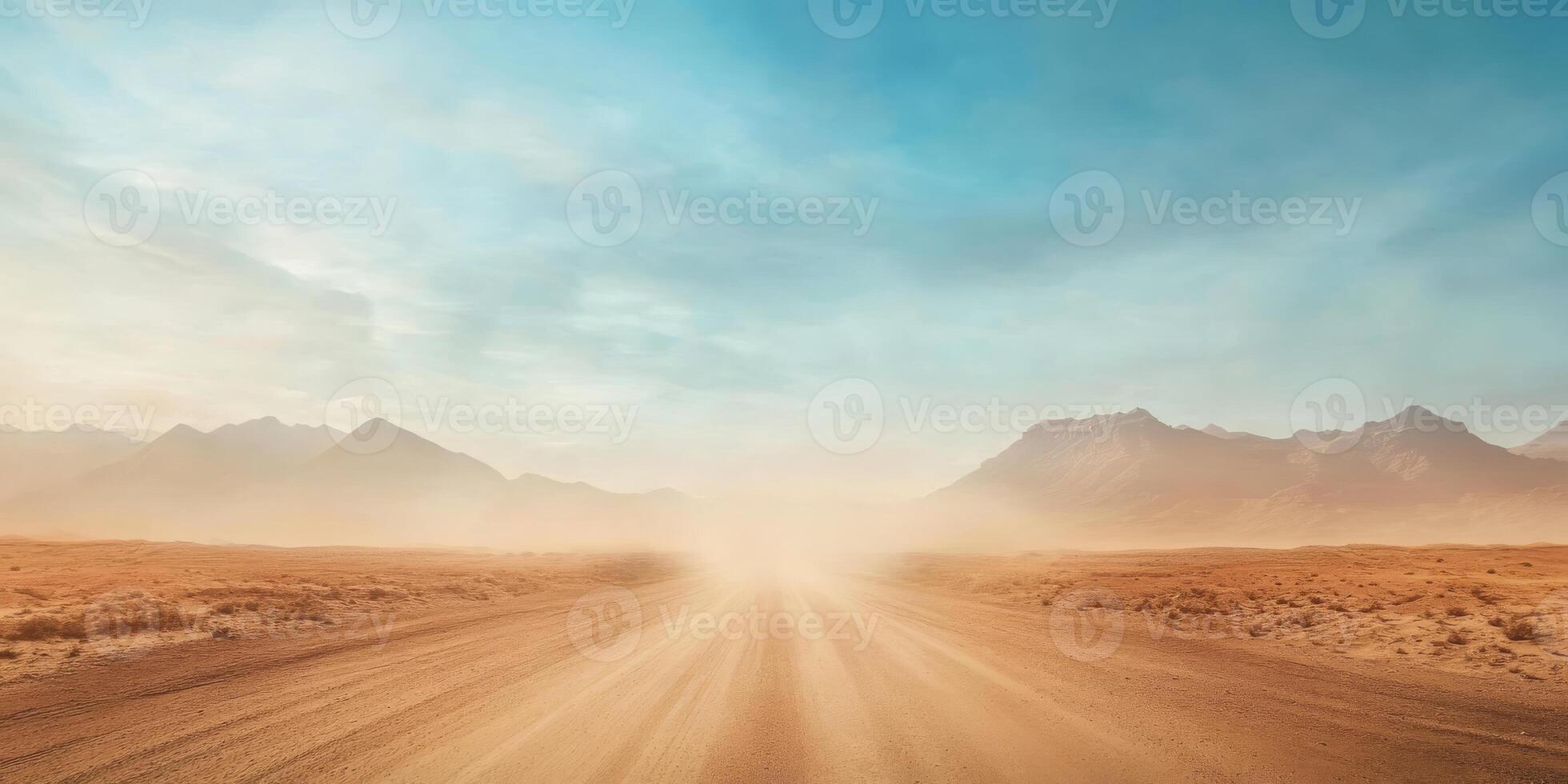A tranquil and picturesque view of a deserted gravel road stretching into the distant horizon, framed by an expansive, arid landscape beneath an uninterrupted clear blue sky that inspires serenity photo