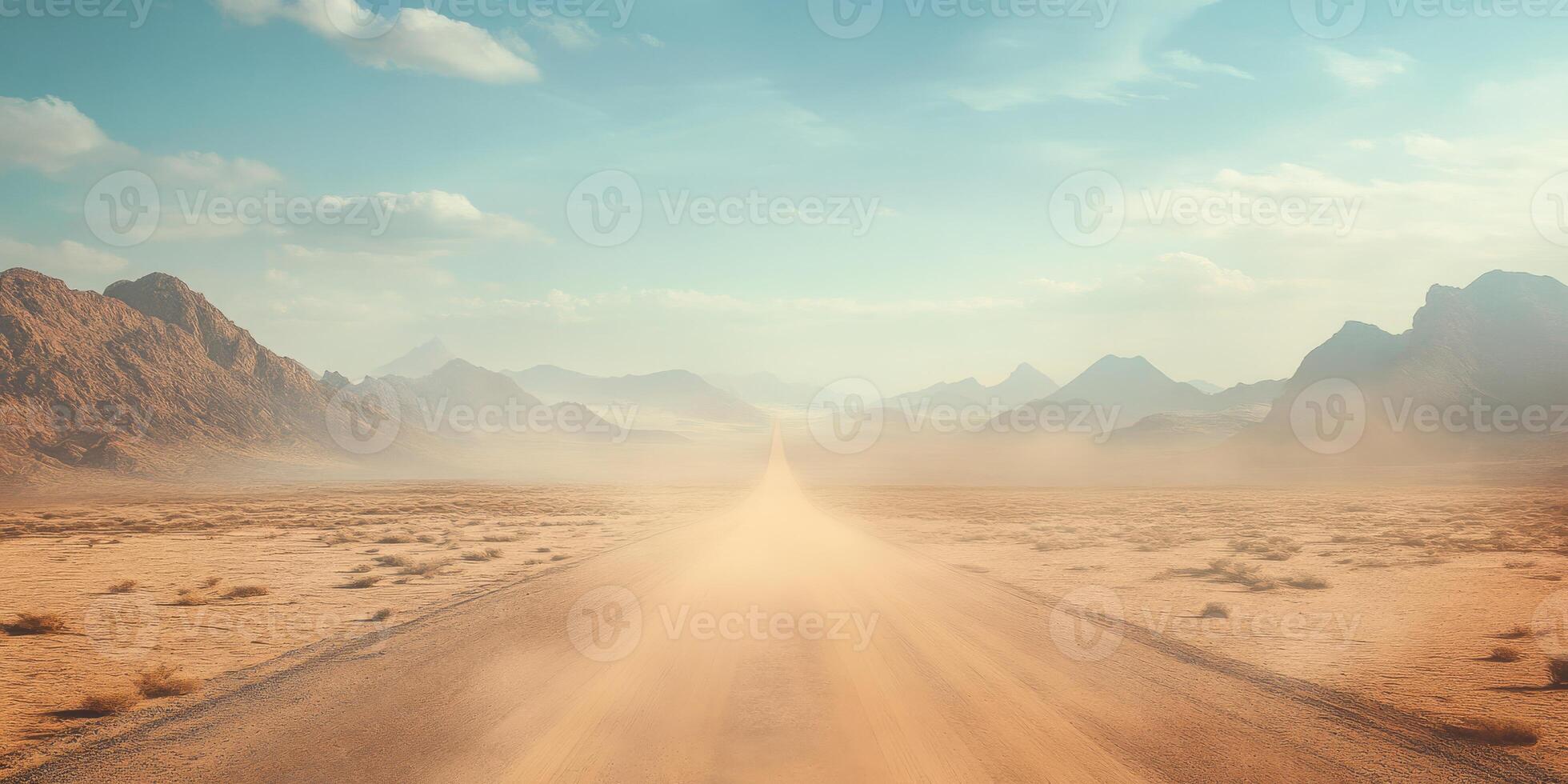 A winding gravel road leads to the horizon, crossing a beautiful landscape under a clear blue sky, inspiring feelings of freedom and excitement for adventure and outdoor exploration photo