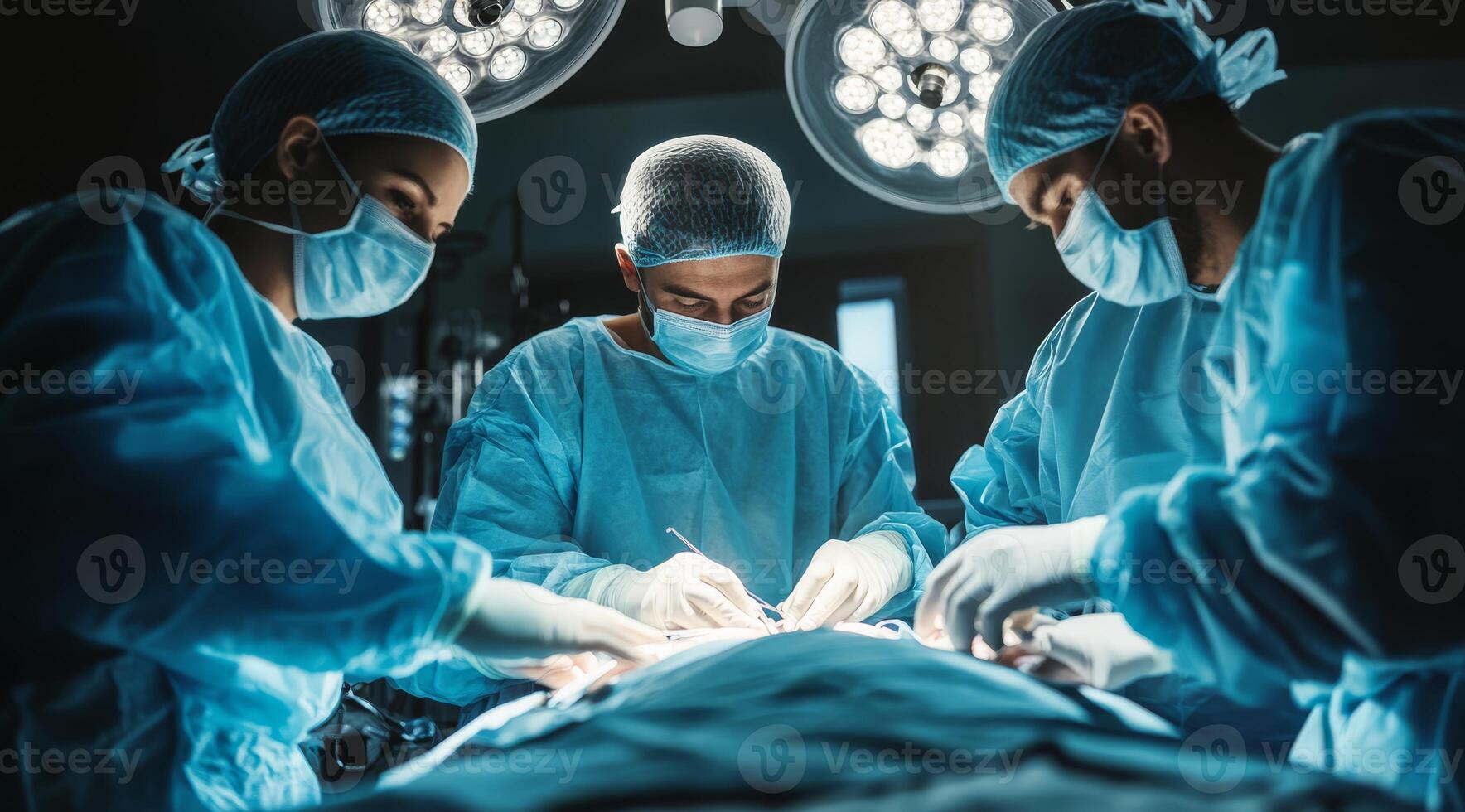In a stateoftheart operating room, a highly skilled team of dedicated surgeons, donned in scrubs and wearing masks, concentrates intently on performing a complex surgical procedure photo