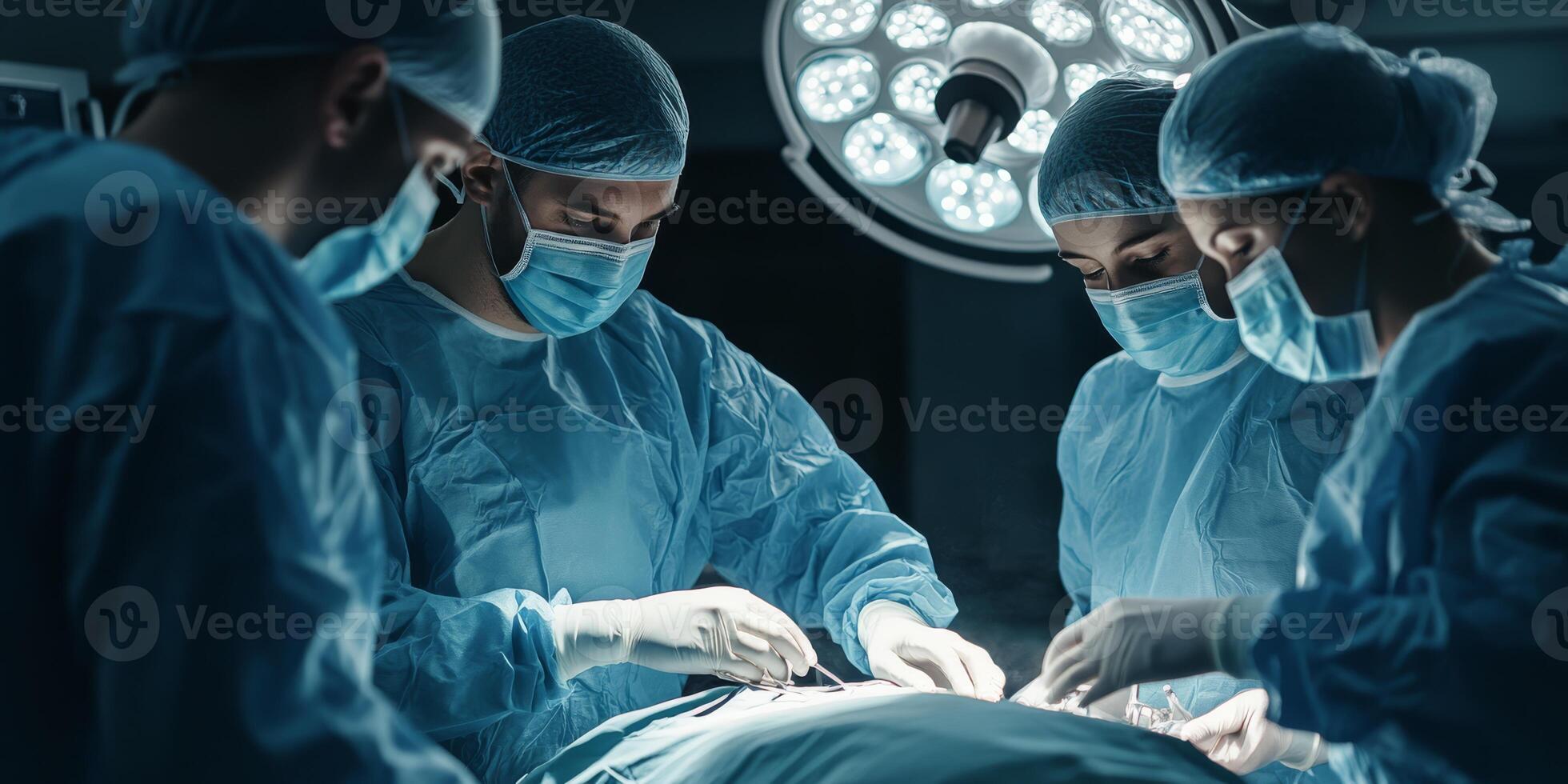 A skilled team of dedicated surgeons is focused on performing a complex surgical procedure in a sterile operating room, showcasing precision, coordination, and teamwork throughout photo