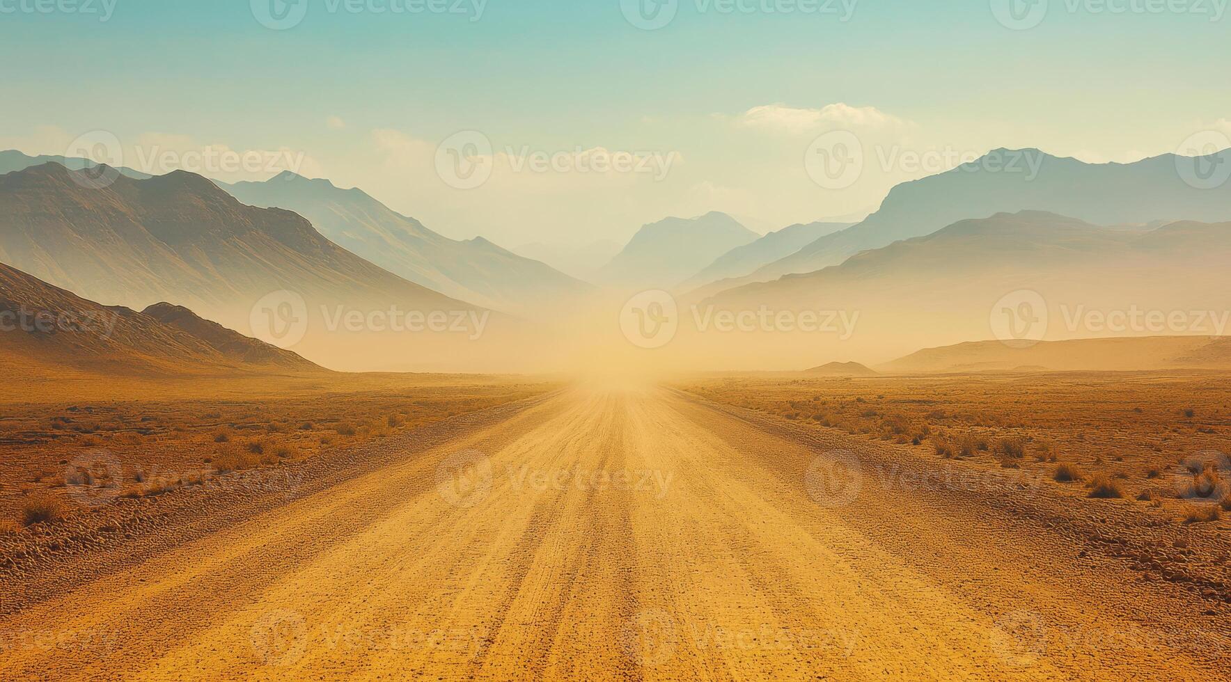 A long, deserted gravel road gently winds its way through an arid landscape, which is flanked on either side by distant, rugged mountains and leading onward toward a beautiful, hazy horizon photo