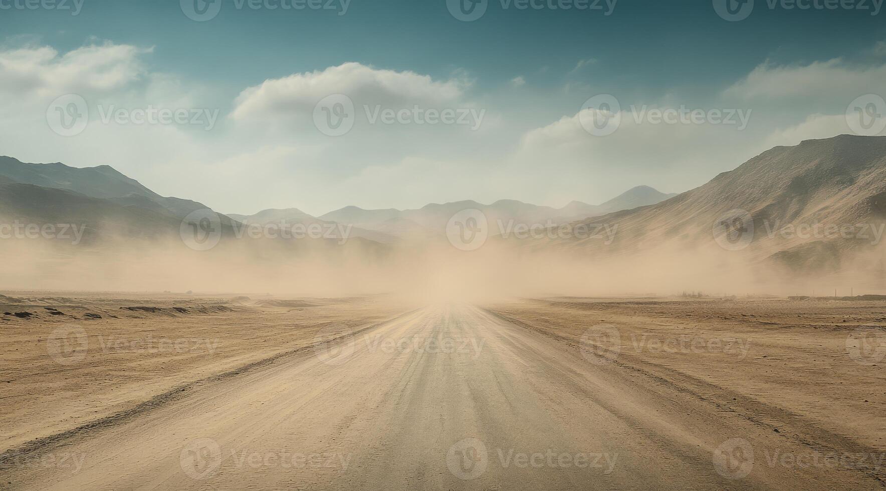 A long, winding gravel road stretches endlessly into the horizon, enveloped by an arid and rugged landscape of distant mountains and swirling clouds of dust, creating a captivating and tranquil scene photo