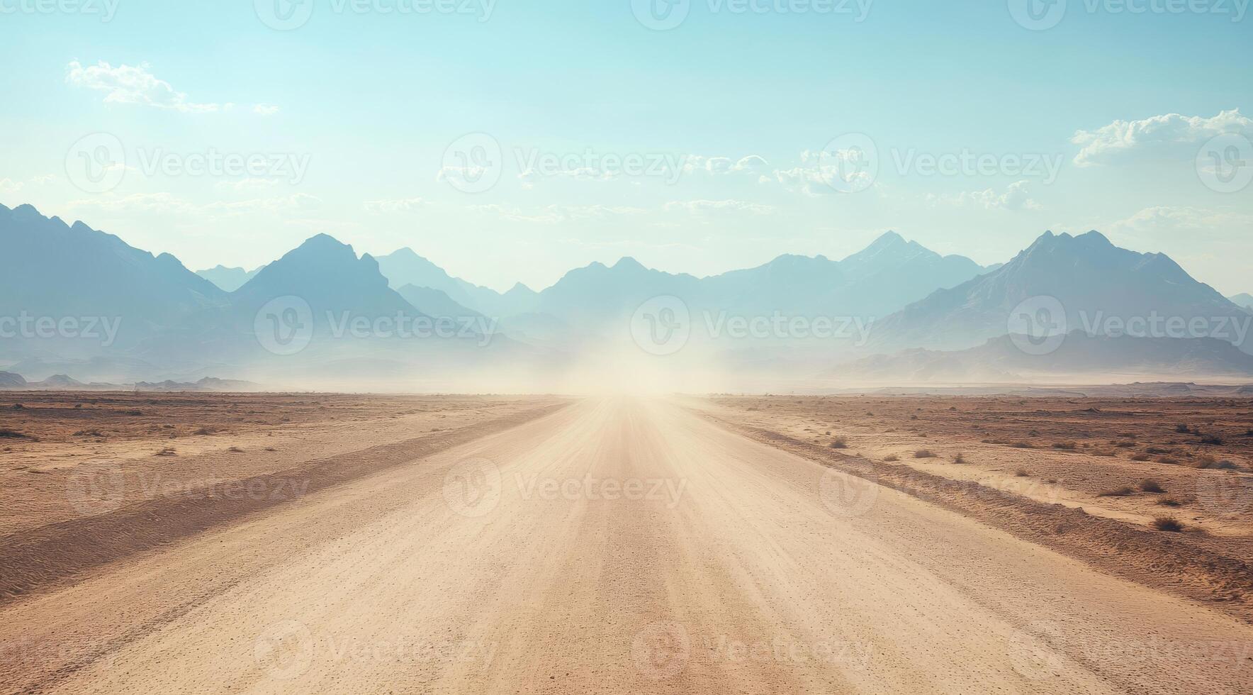 A gravel road stretches endlessly into the horizon, surrounded by majestic mountains amid a vast and dry desert landscape. Dust particles dance playfully in the warm air beneath a clear blue sky photo