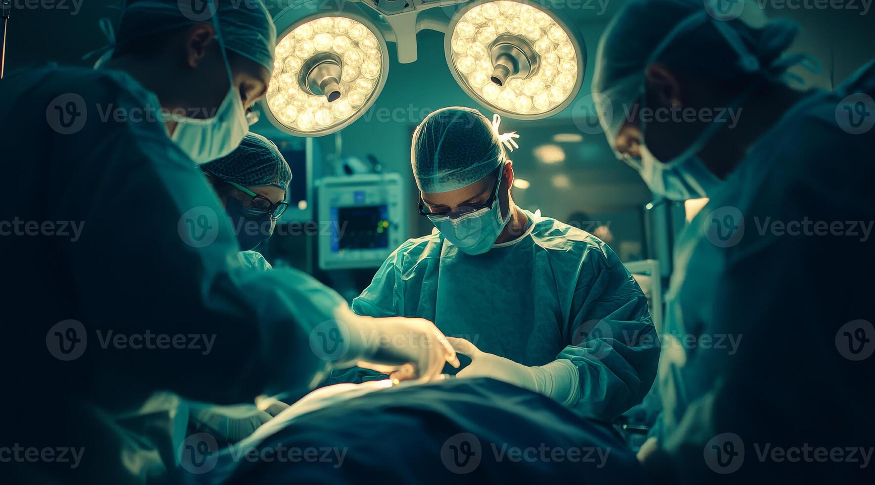 A dedicated surgical team collaborates in a sterile operating room, dressed in scrubs and masks, performing a complex procedure with precision and care for the patients wellbeing photo