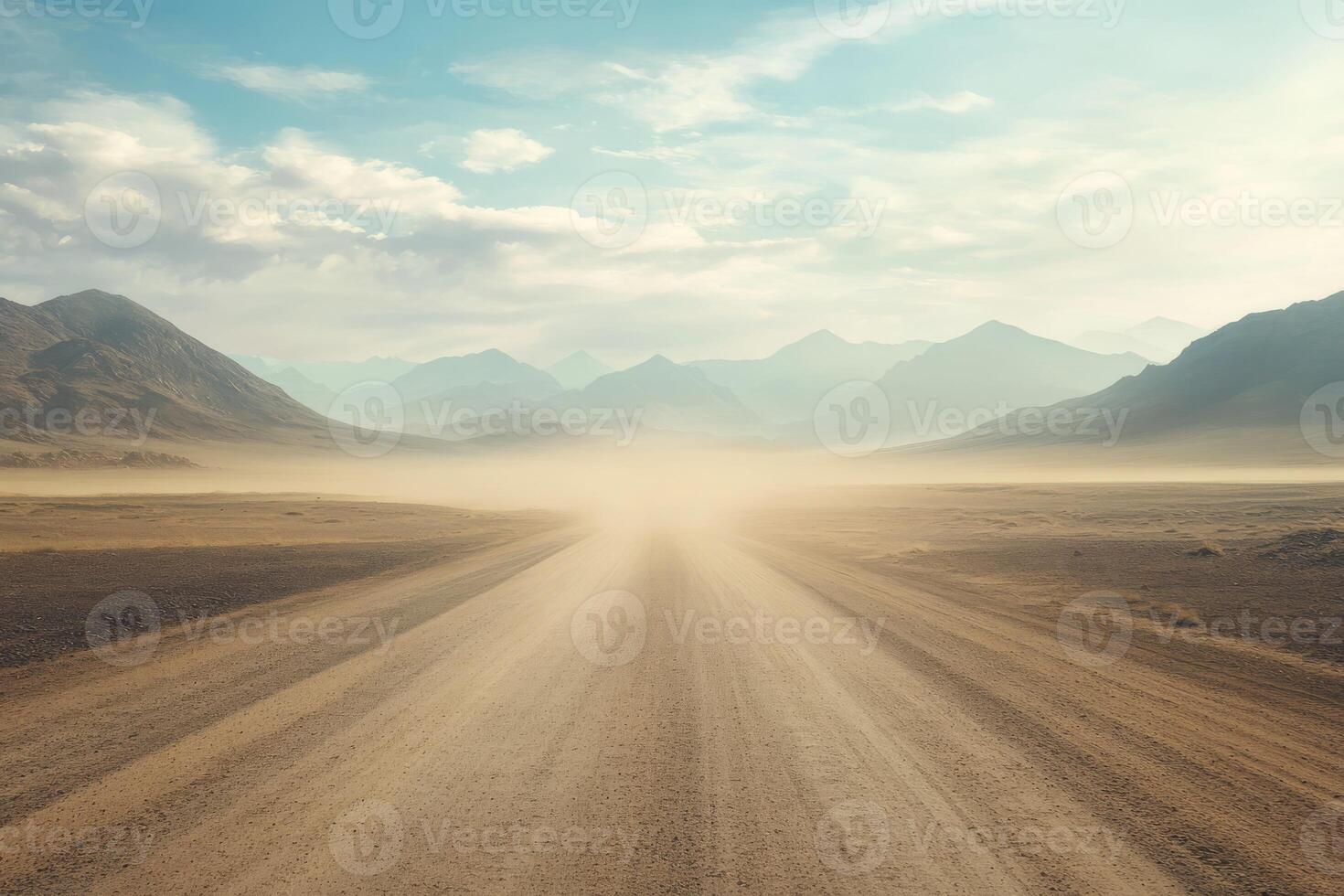 An endless, deserted gravel road stretches out boldly into the vast horizon, surrounded by an expansive, arid landscape that features rugged mountains and a beautiful cloudy sky overhead photo