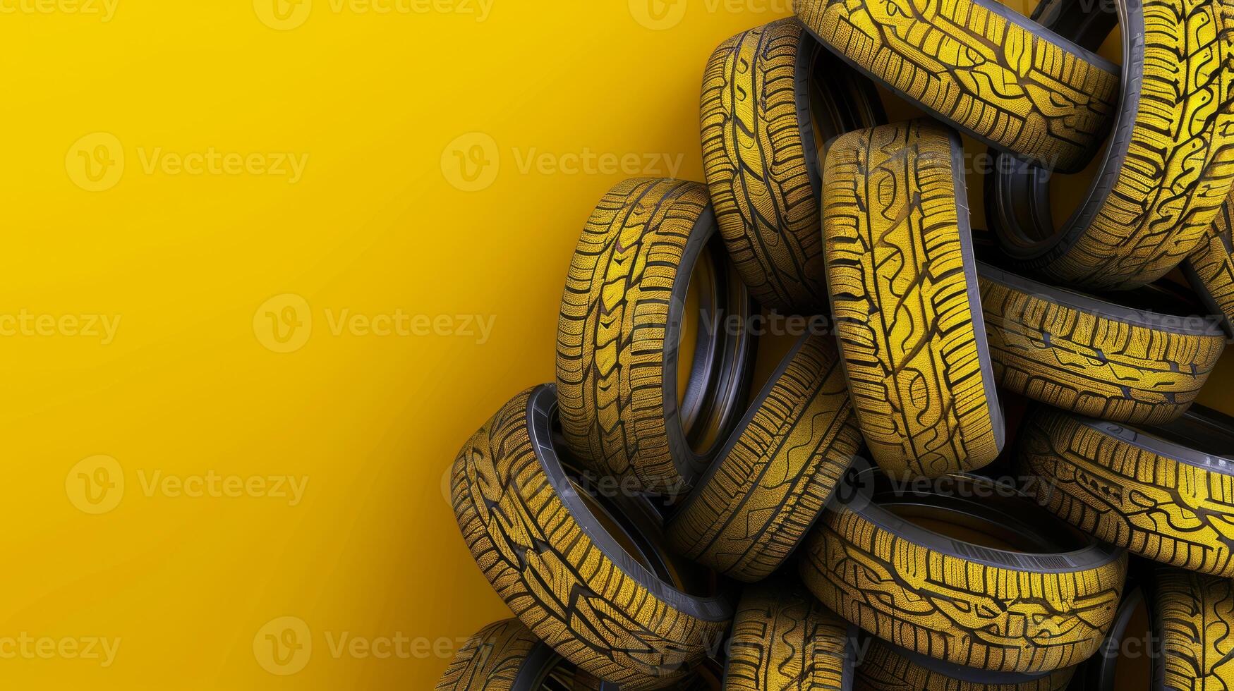 A stack of yellow car tires against a matching yellow background, creating a vibrant automotive theme. photo