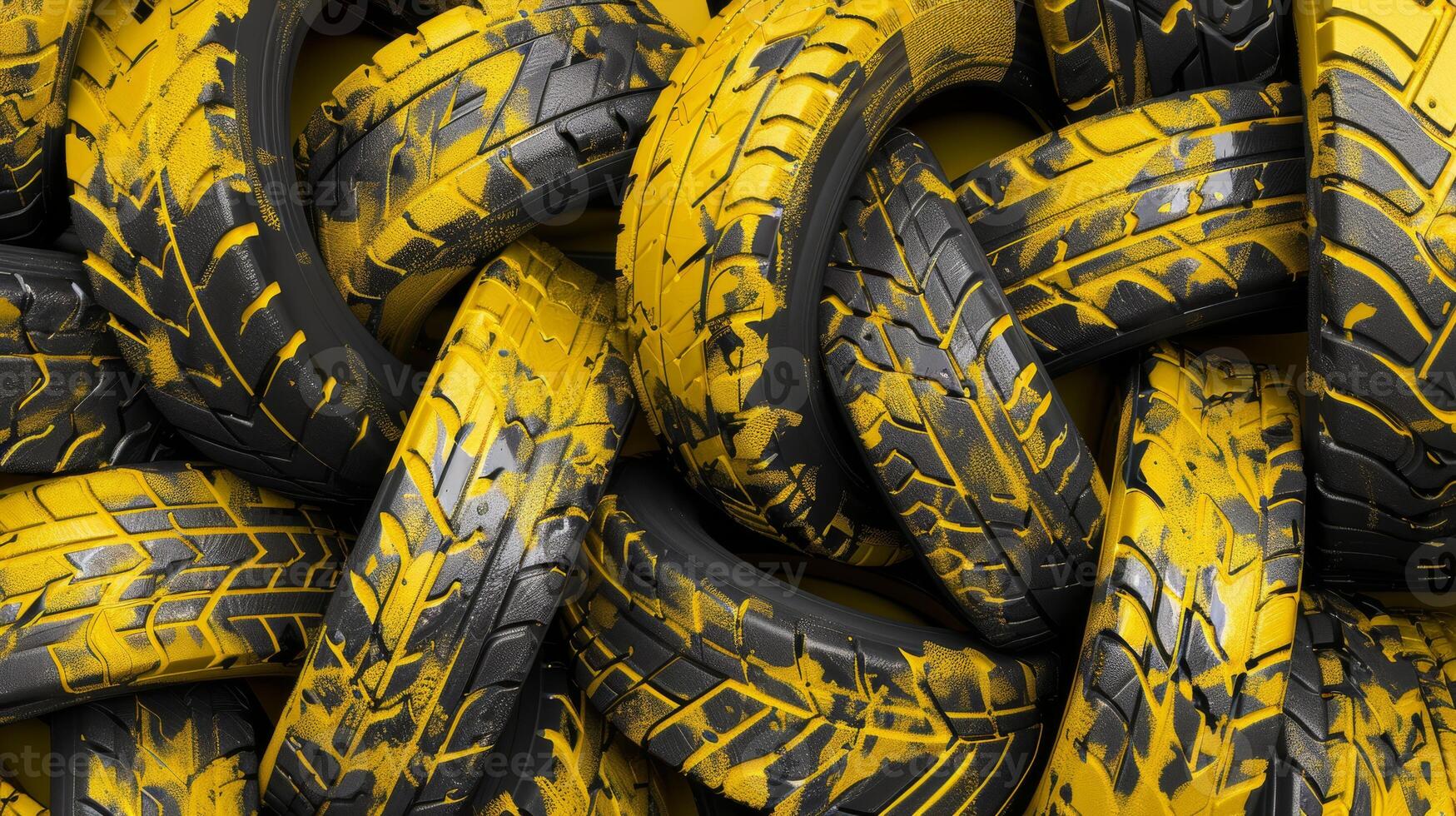 Close-up of intertwined tires painted in yellow and black creating a geometric and artistic pattern. photo