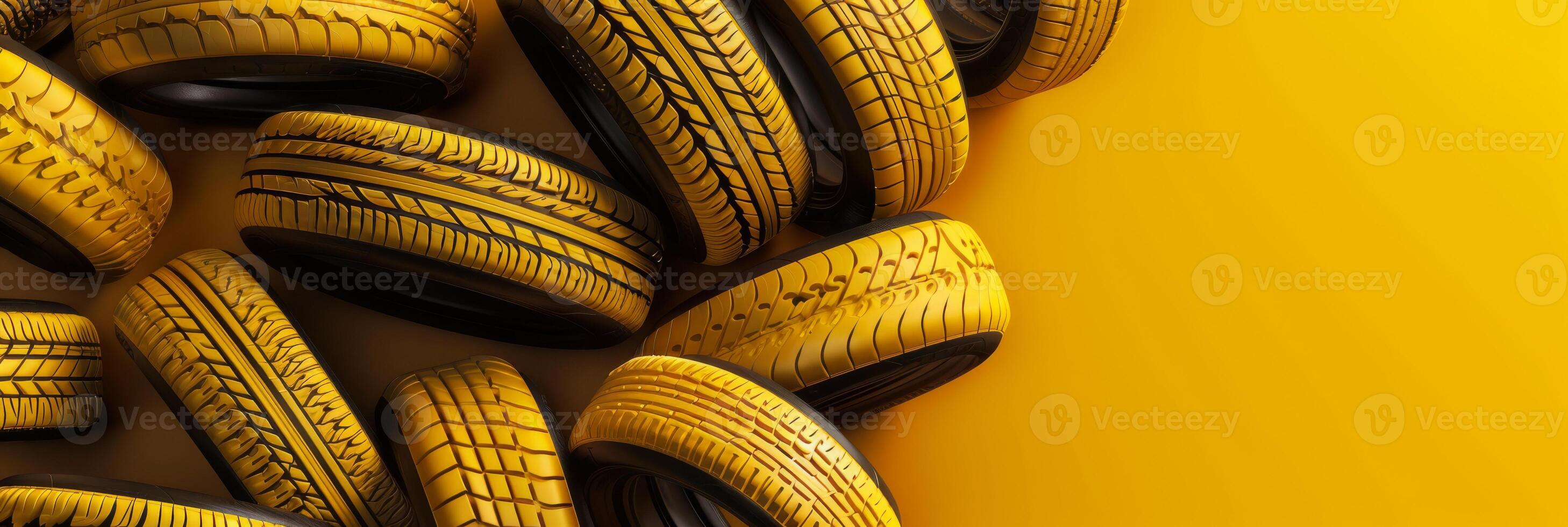 A stack of yellow car tires against a matching yellow background, creating a vibrant automotive theme. photo