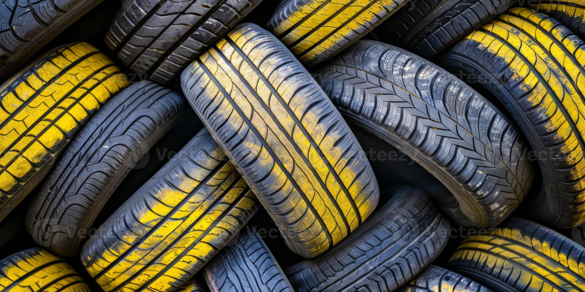Close-up of a stack of various tires, with yellow highlights, piled together in an artistic pattern. photo
