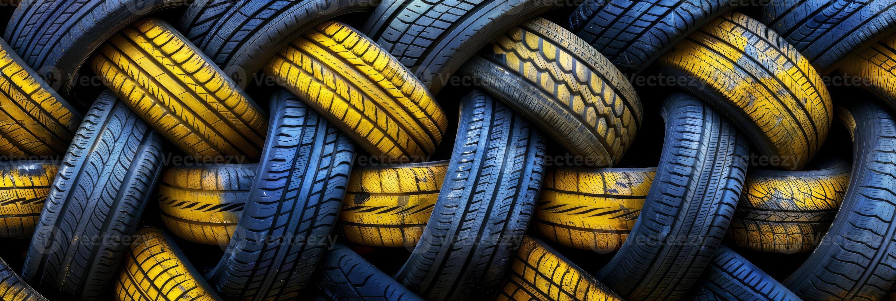 The industrial pattern featuring yellow and blue tires highlights creativity and innovation in recycling efforts photo