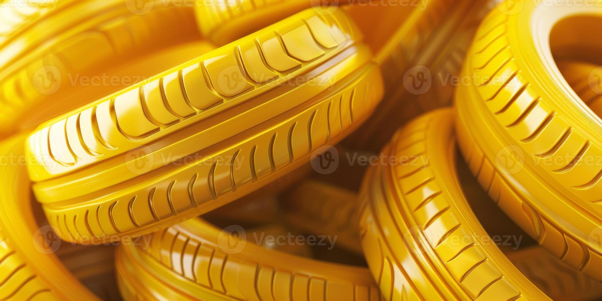 Vibrant image of multiple bright yellow tires stacked together, perfect for an automotive or design theme. photo
