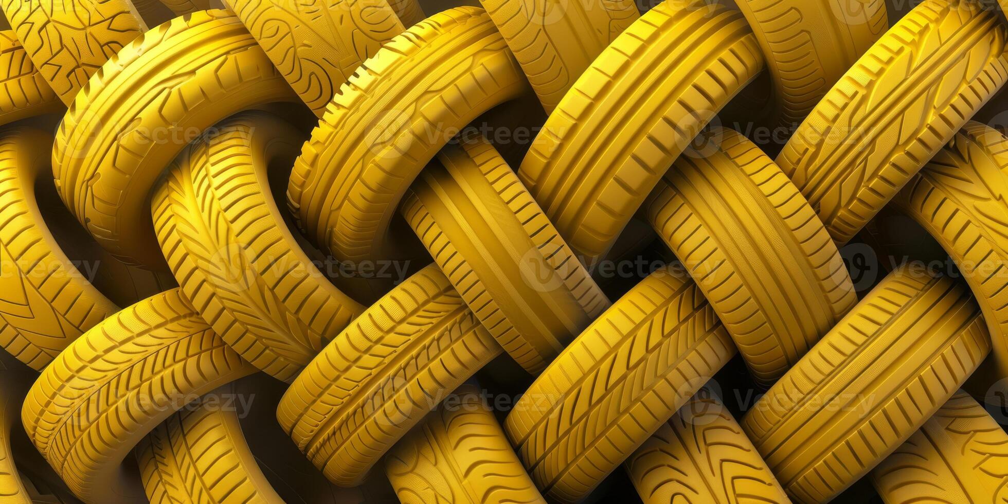 Detailed view of yellow tires intricately woven together in a creative pattern. Ideal for automotive themes. photo